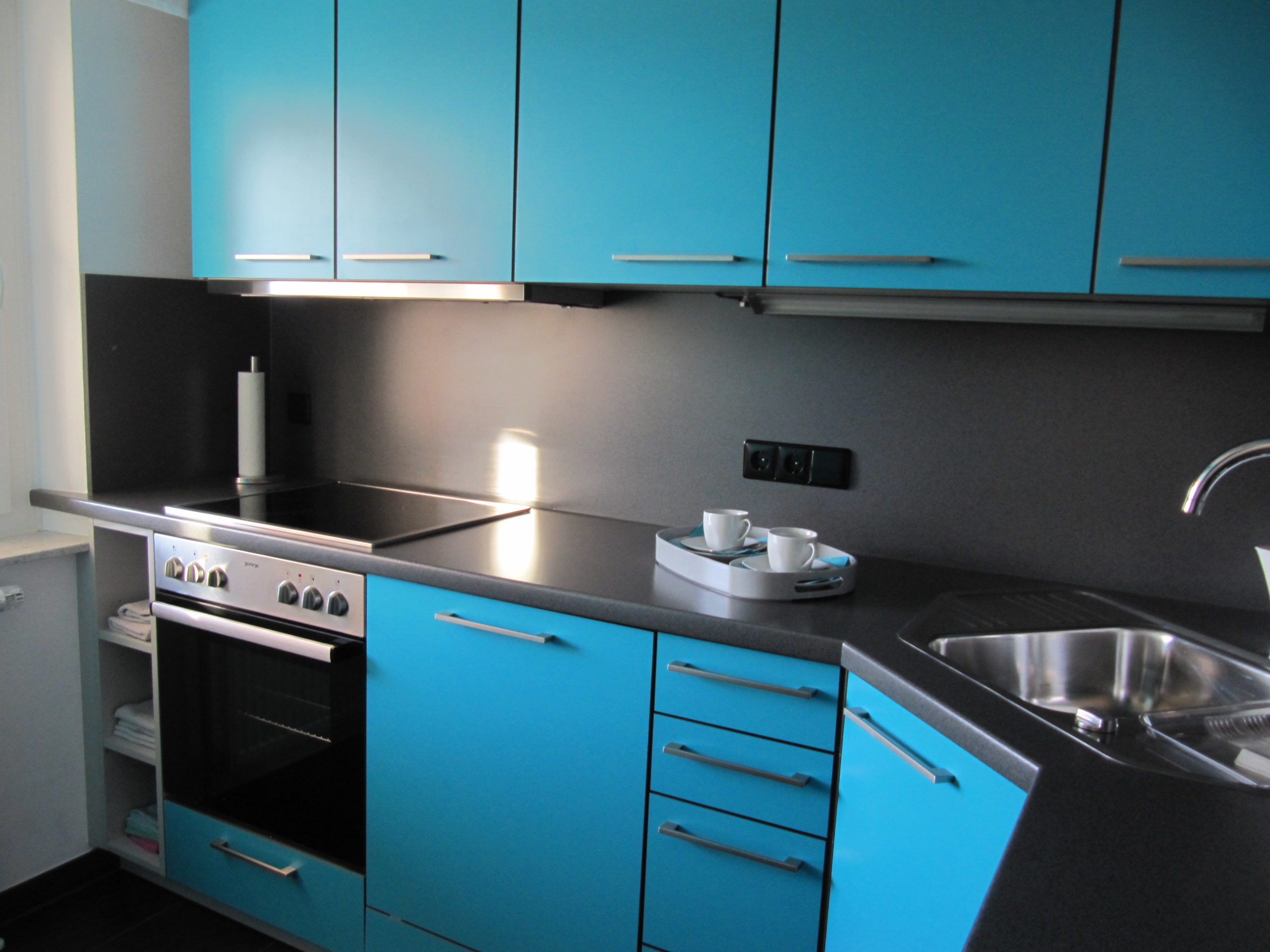 Moderne Einbauküche in Blau mit Herd und Spülmaschine